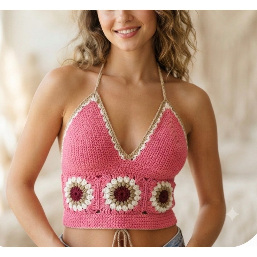 Handmade‎ Pink Crochet Granny Square Sunflower Halter Top Cotton Lace Up Back